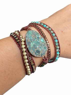 Unbranded Boho Leather Cord Beaded Wrap Bracelet Faux Turquoise Stone